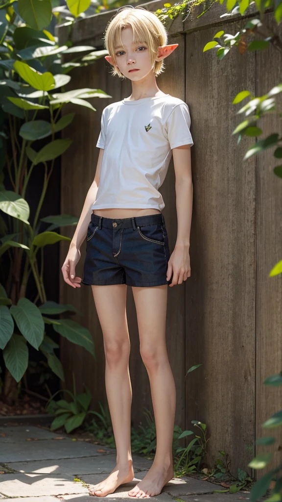 A thin twelve-year-old blond elf boy in shorts barefoot