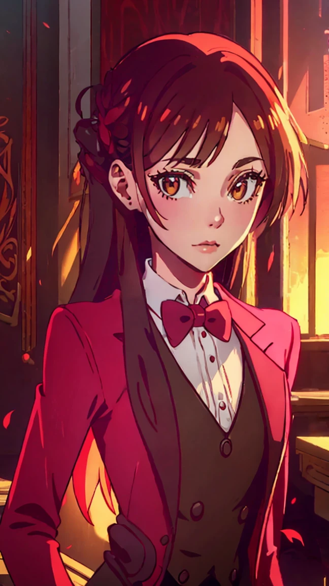  pretty girl, cute face, sparkling eyes, sweet expression, soft smile, looking at viewer, redSuit, White skin, rosy cheek, red ankle-length hair ,eyes with light red sclera, red pupils, red tuxedo-jacket with darker-colored lapels, high-collared white untucked dress-shirt with small black buttons on the upper-front, small black bowtie and black suspenders over her shoulders, dark red dress pants, medium-heeled white saddle shoes, (masterpiece:1.2), (cowboy-shot:1.2), dark romantic lighting, (highly detailed:1.2), (detailed face:1.2), (full-body shot:1.2), (gradients), colorful, detailed eyes, (natural lighting:1.2), (solo:1.2),
