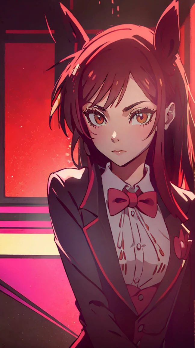  pretty girl, cute face, sparkling eyes, sweet expression, soft smile, looking at viewer, redSuit, White skin, rosy cheek, red ankle-length hair ,eyes with light red sclera, red pupils, red tuxedo-jacket with darker-colored lapels, high-collared white untucked dress-shirt with small black buttons on the upper-front, small black bowtie and black suspenders over her shoulders, dark red dress pants, medium-heeled white saddle shoes, (masterpiece:1.2), (cowboy-shot:1.2), dark romantic lighting, (highly detailed:1.2), (detailed face:1.2), (full-body shot:1.2), (gradients), colorful, detailed eyes, (natural lighting:1.2), (solo:1.2),
