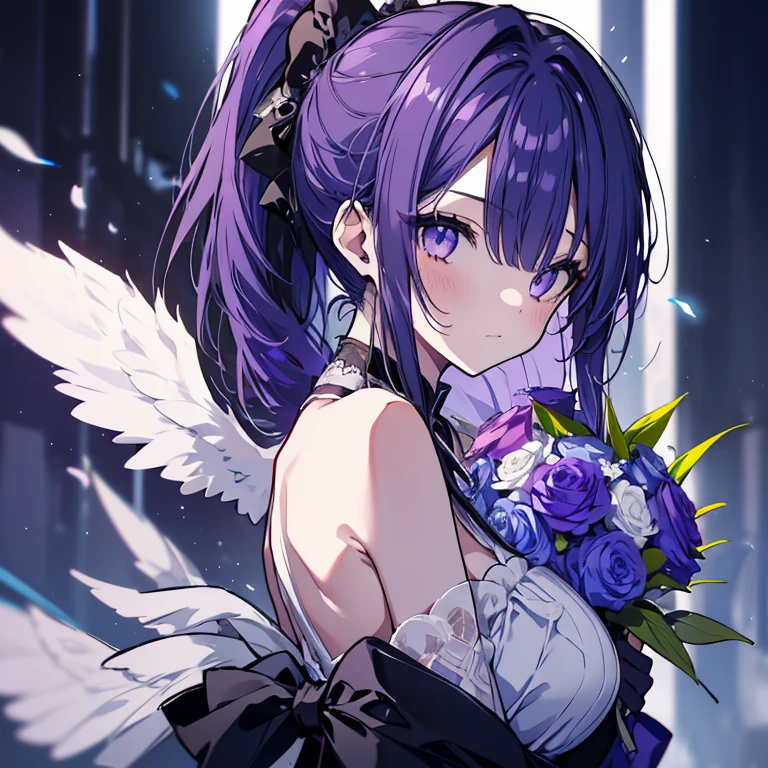 1 girl、Mature、Ample breasts、Long Hair、Purple Hair、ponytail、ハイponytail、Black Dress、Big Wings、White Wings、背中にBig Wings、Shoulder Bare、look back、Blue roses bouquet、Holding a bouquet、Bust-up perspective、Night view、Like a jewel、Cinema Lighting、High resolution、Highest quality