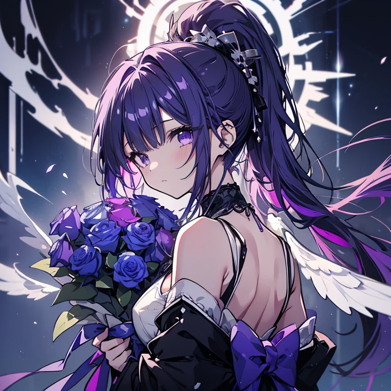 1 girl、Mature、Ample breasts、Long Hair、Purple Hair、ponytail、ハイponytail、Black Dress、Big Wings、White Wings、背中にBig Wings、Shoulder Bare、look back、Blue roses bouquet、Holding a bouquet、Bust-up perspective、Night view、Like a jewel、Cinema Lighting、High resolution、Highest quality