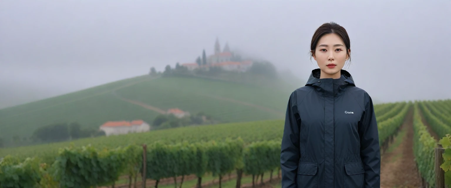 Beautiful 36-year-old Korean woman, Chest size 34 inches, The cathedral can be seen through the early morning fog past the vineyards in the Croatian countryside., The back background is realistic and vivid image quality, short and medium hair,her clothes are nice, Casual and British - (black windbreaker) Perfect and realistic photos, The background is realistic. Full body shot with Canon camera 16-35 wide angle lens, expressionless, Front photo looking at the camera from a vineyard hill covered in thick fog, 1 woman, Pictures of the whole body
