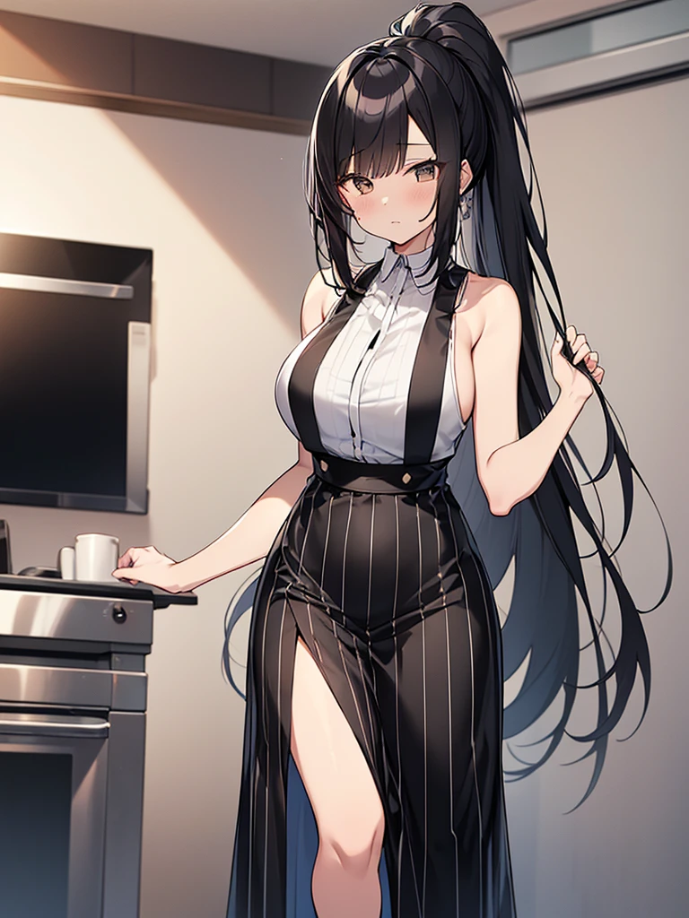 Anime drawing with clear colors. Full body drawing. Young wife is a former student council president. One adult woman. (Black vertical striped sleeveless shirt and long skirt), (Morning Apartment Room Sexy)、 (Breakfast Have a nice day), (Black hair, medium length, ponytail, straight hair, bangs swept to the side:1.9 Slanted eyes Brown eyes Tall Big breasts Strong Beautiful Cute) 