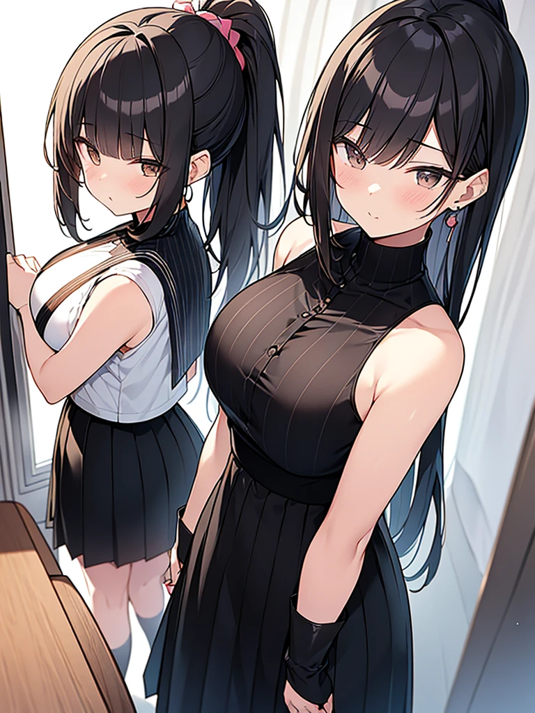 Anime drawing with clear colors. Full body drawing. Young wife is a former student council president. One adult woman. (Black vertical striped sleeveless shirt and long skirt), (Morning Apartment Room Sexy)、 (Breakfast Have a nice day), (Black hair, medium length, ponytail, straight hair, bangs swept to the side:1.9 Slanted eyes Brown eyes Tall Big breasts Strong Beautiful Cute) 