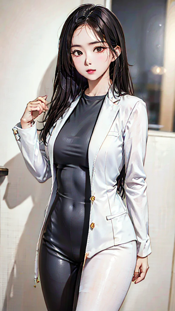 adult woman, Brown eyes, hairs_black, large body, stylish office outfit {{{Detailed wallpaper}}} {{{best quality 8k}}} {{{detailedeyes}}}