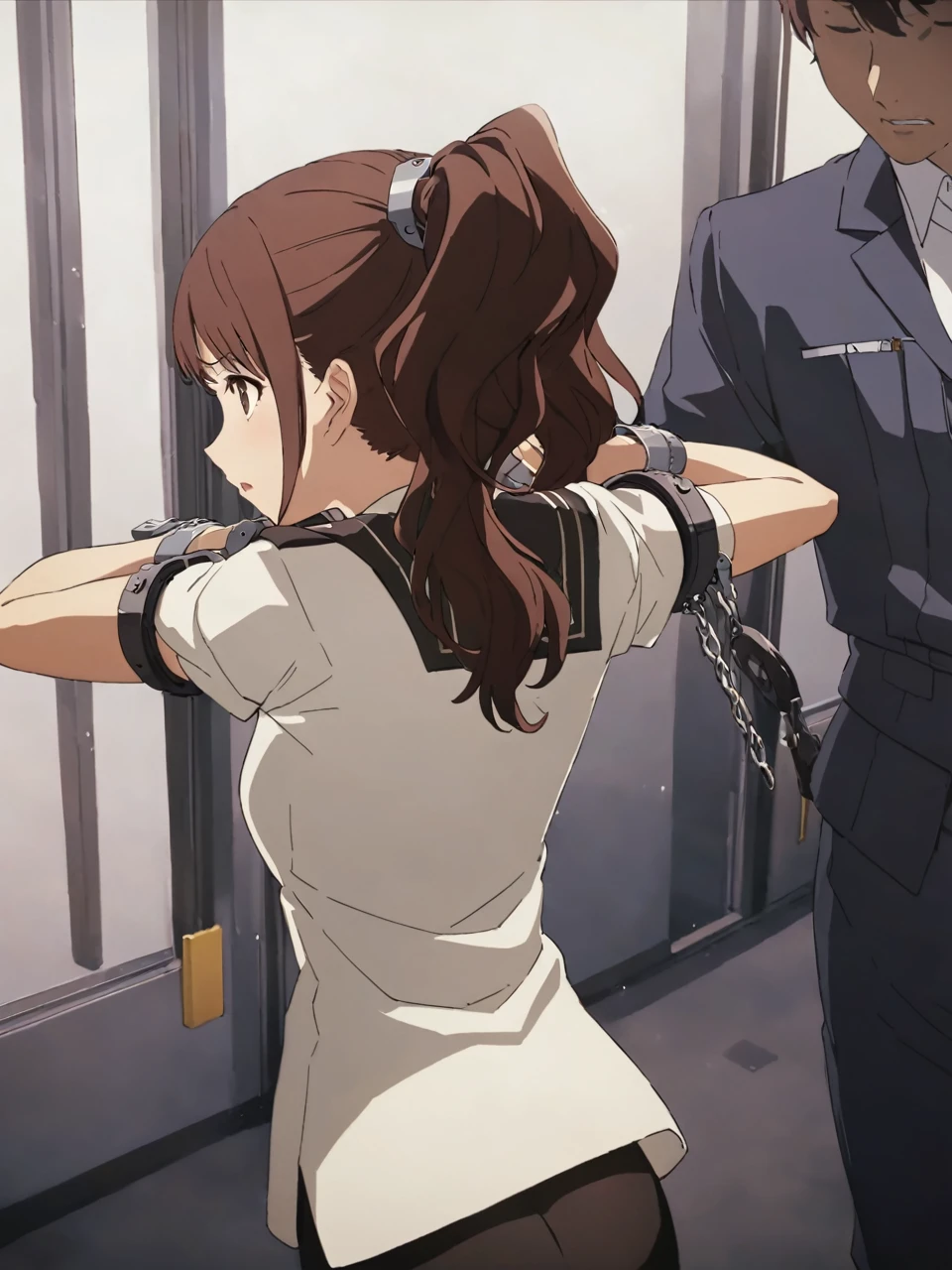 dsrise, brown hair, long hair, twintails, brown eyes, yasogami , serafuku, black thighhighs, 1girl, solo
BREAK
standing, school hallway, cinematic, game cg, anime screencap, official art, masterpiece, best quality
extremely detailed,high definition restrained,police,arrest,restrained,shackles,(((handcuffs, cuffs, upper body, handcuff, bound wrists))),masterpiece, best quality,rise kujikawa handcuffs behind her back,2 policewoman.behind her bsck position.escort in handcuffed.handcuffed behind back.from behind.handcuffs behind her behind back.