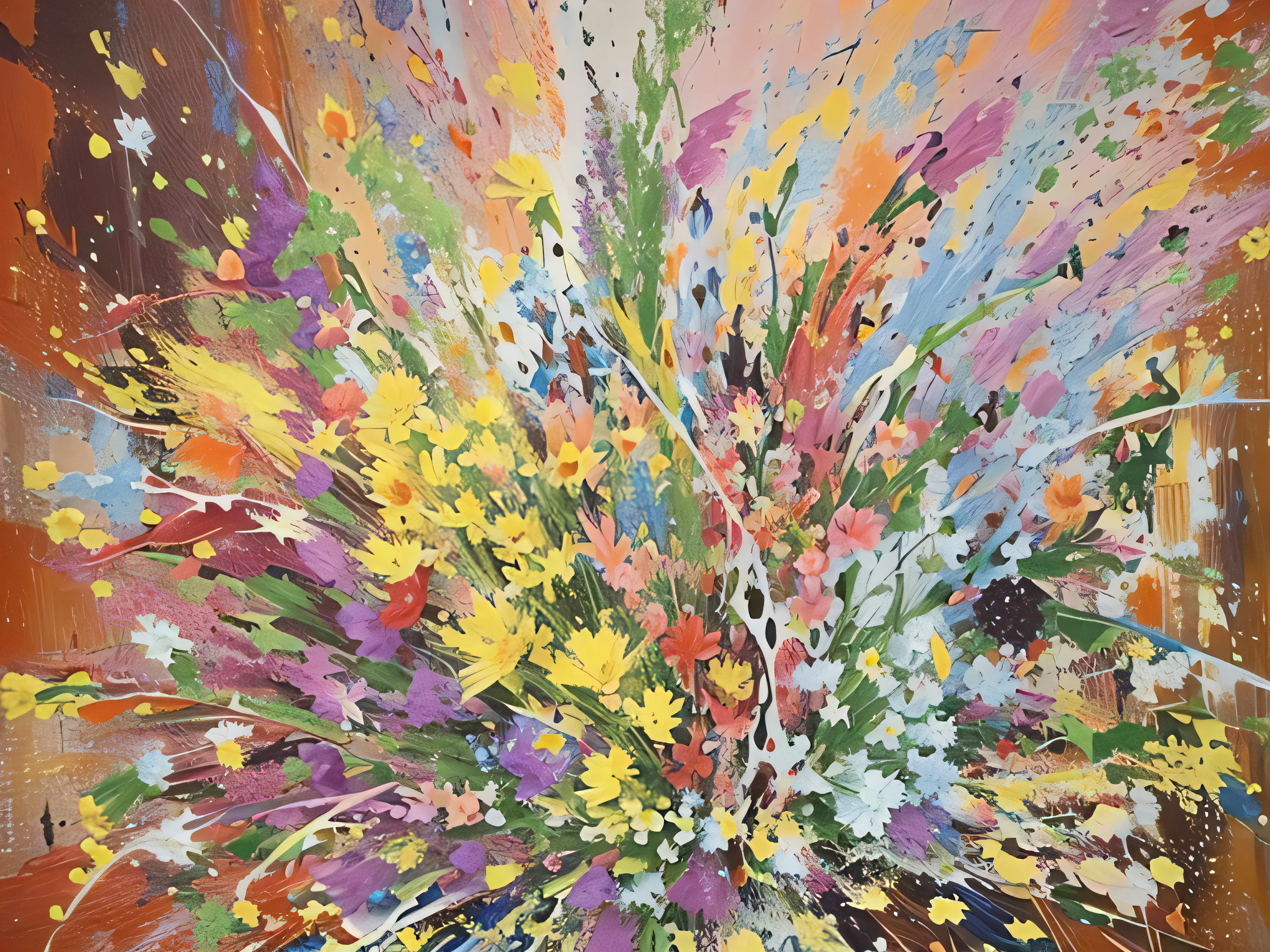 A vase with a bouquet of flowers in the painting, Flower Explosion, Flower splash painting, Exploding flowers, Colorful explosion, Flower Explosion, Color Explosionful flowers, Bright explosion, Color Burst, Color Explosion, Jackson Pollock style, Colorful explosion, Inspired by Pollock, Color Explosions, Inspired by Jackson Pollock, Vibrant colors, Color Explosion