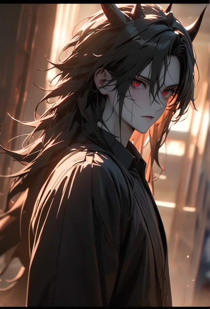 (solo), masculine, black hair, messy hair, mane hair, long hair, dense hair, wild hair, expressive hair, mature,(25 year old), pale skin, red eyes, ((man)), wearing a black dress shirt, black demon horns,, serious, handsome, attractive, eye reflection, depth of field, thunder aura,cinematic lighting, ray tracing, depth of field, cinematic lighting, ray tracing, UHD, high details, best quality, highres, high quality, award winning, super detail, masterpiece, 8k, UHD, high details, best quality, highres, high quality, award winning, super detail, masterpiece, 8k, digital art, anime coloring, body shot, good face, perfect face, detailed face, good eyes