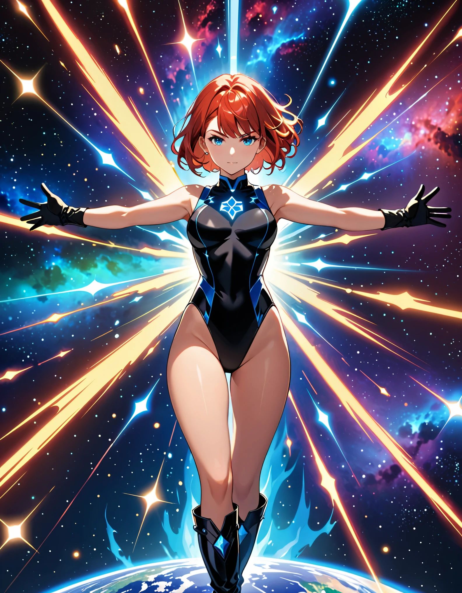 Create an image of a girl, wearing a sleeveless leotard, bare legs, medium breasts, and (matching gloves and boots). she is a (redhead with bob hair and blue eyes), wearing a (vibrant black leotard) with a (taurus\(astrological sign\) (symbol) on her chest). she is standing with legs apart and raised arms, each surrounded by a glowing aura. outer space backdrop, cowboy shot, serious. masterpiece, best quality, hires. diffraction spikes, light particles.