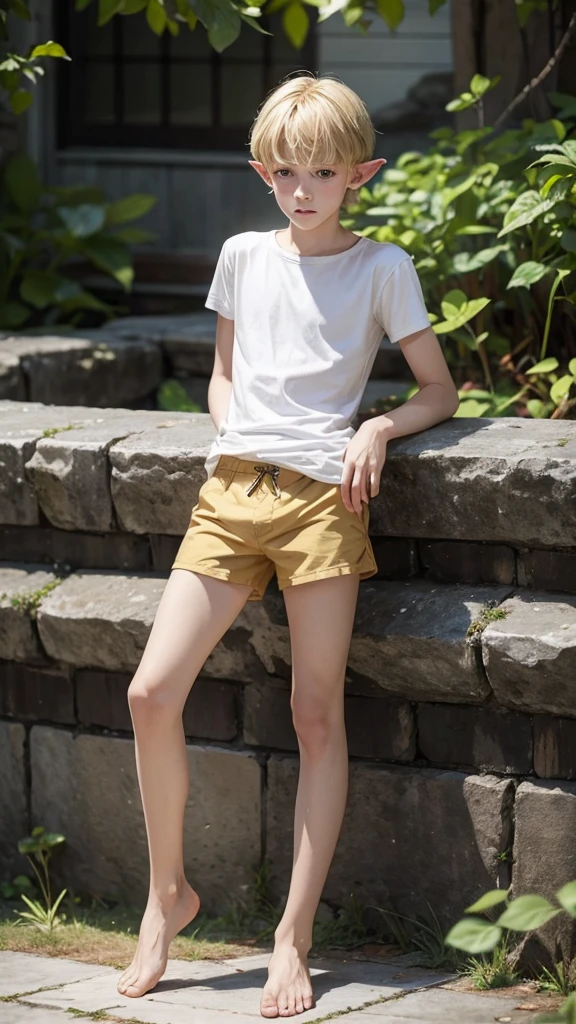 A thin -year-olond  boy in shorts without a T-shirt, barefoot 