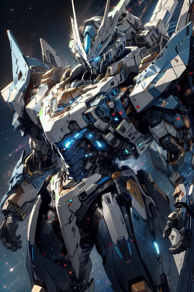 [(space background:1.5)], asteroid, galaxy, axis asteroid, nijimecha,Blue mech standing,mech with heavy armor,thick limbs,energy core,power armor,full armor,best quality,masterpiece,no human being,v-fin,bule theme