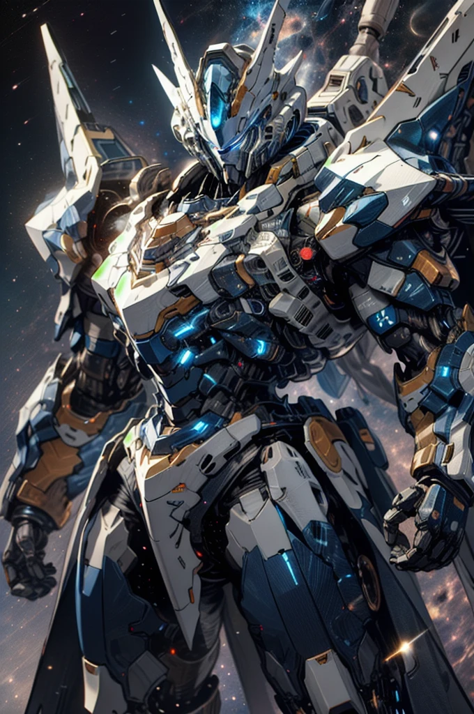 [(space background:1.5)], asteroid, galaxy, axis asteroid, nijimecha,Blue mech standing,mech with heavy armor,thick limbs,energy core,power armor,full armor,best quality,masterpiece,no human being,v-fin,bule theme