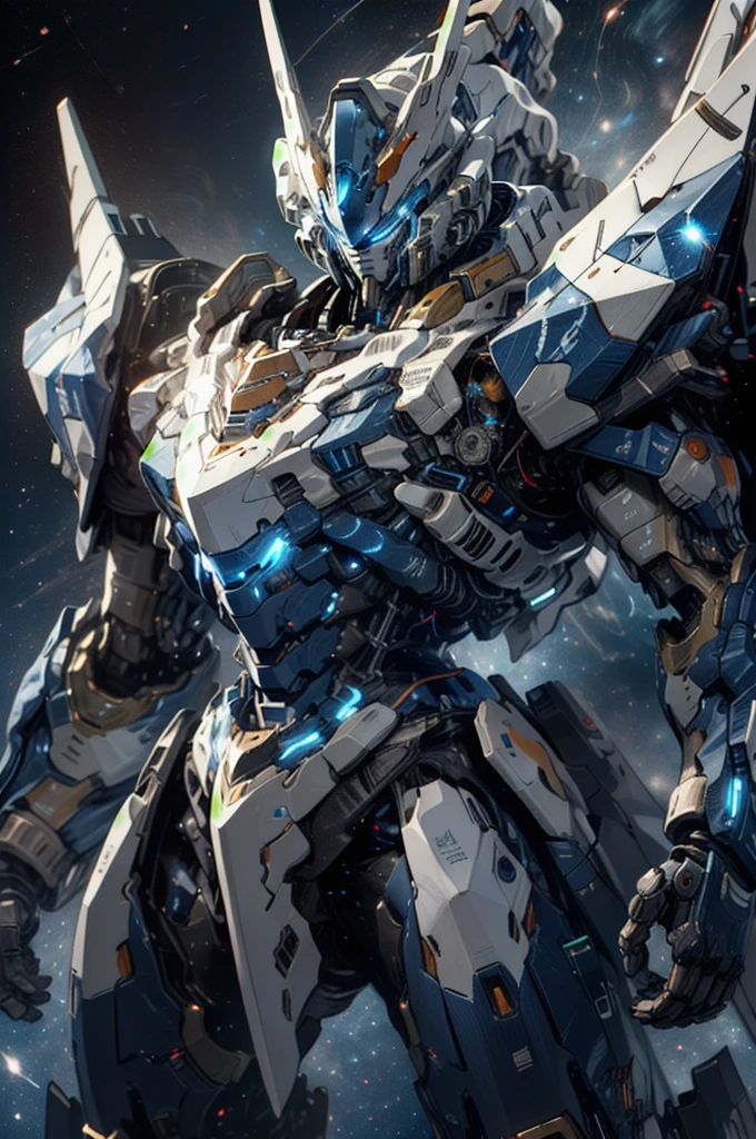 [(space background:1.5)], asteroid, galaxy, axis asteroid, nijimecha,Blue mech standing,mech with heavy armor,thick limbs,energy core,power armor,full armor,best quality,masterpiece,no human being,v-fin,bule theme