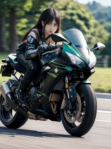 Japanese woman,black hair,27 years old, (slender), (small breasts),best quality, detailed, beautiful, insanely detailed, absurdres,perfect anatomy, Two kawasaki racer replica motorcycles speeding down the highway, (motion blur:1.4),