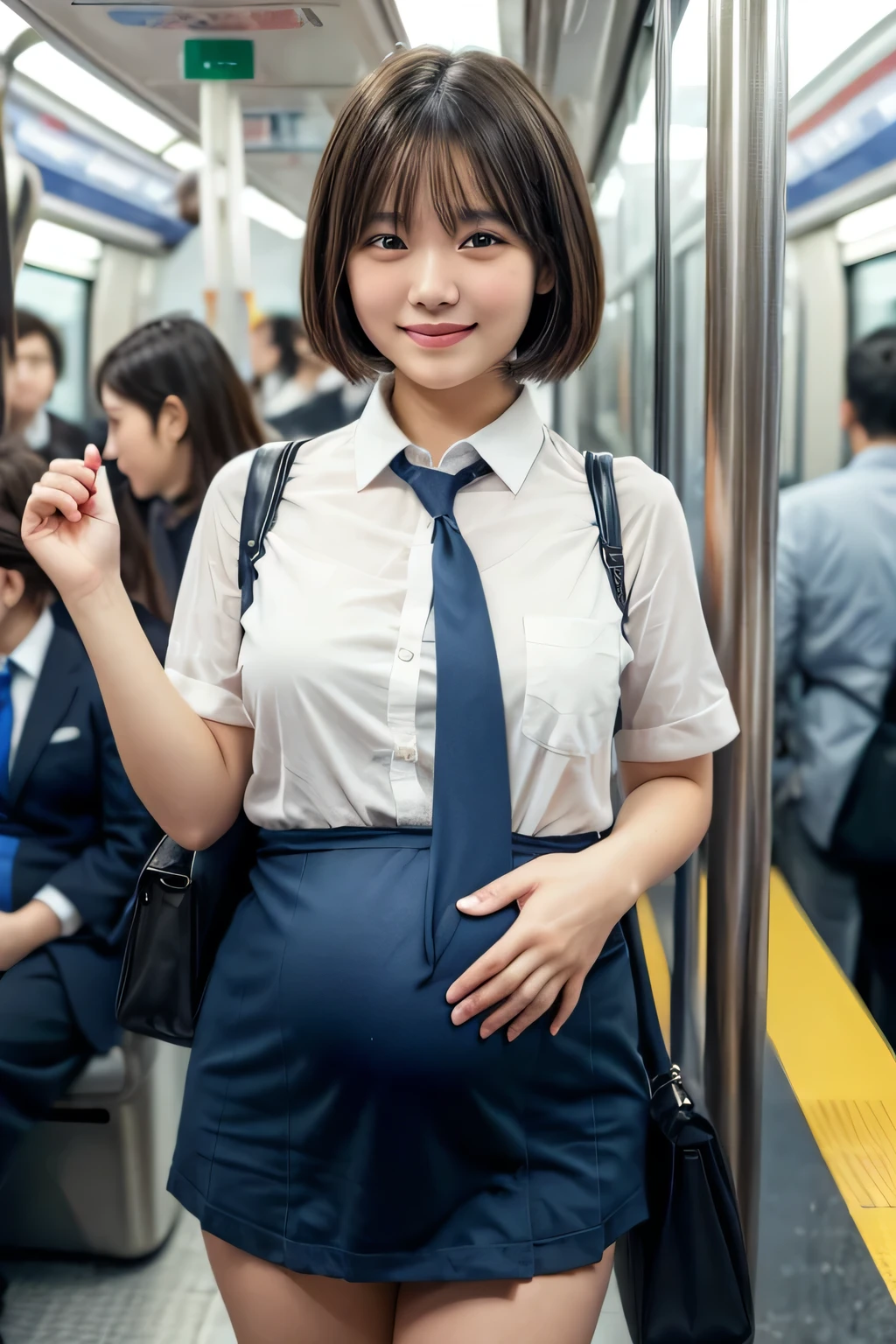 Highest quality, masterpiece, Ultra-high resolution, (reality: 1.4), Original photo, 1 female, mature, Smile, short hair, Plump body, , Cinema Lighting,　high school girl、uniform、 Commuting Train、Crowded train、Packed、pregnancy