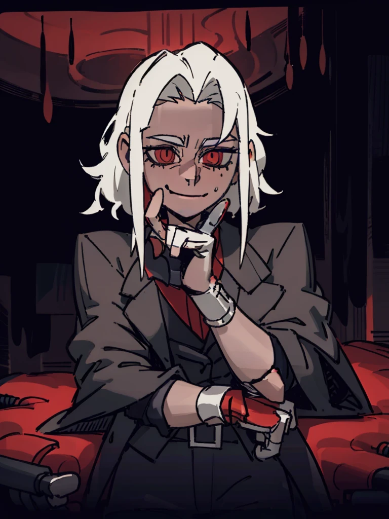 1 boy, black fur, sitting at a poker table, 20s clothing, 20s clothes, cards in hand, confident look, by the laugh, in a red background casino, gray room, best quality, super detailed, 4k, hyperrealistic, photorealistic, dramatic lighting, cinematic composition, intricate details, high contrast, vibrant colors, chiaroscuro, portrait, realistic, masterpiece