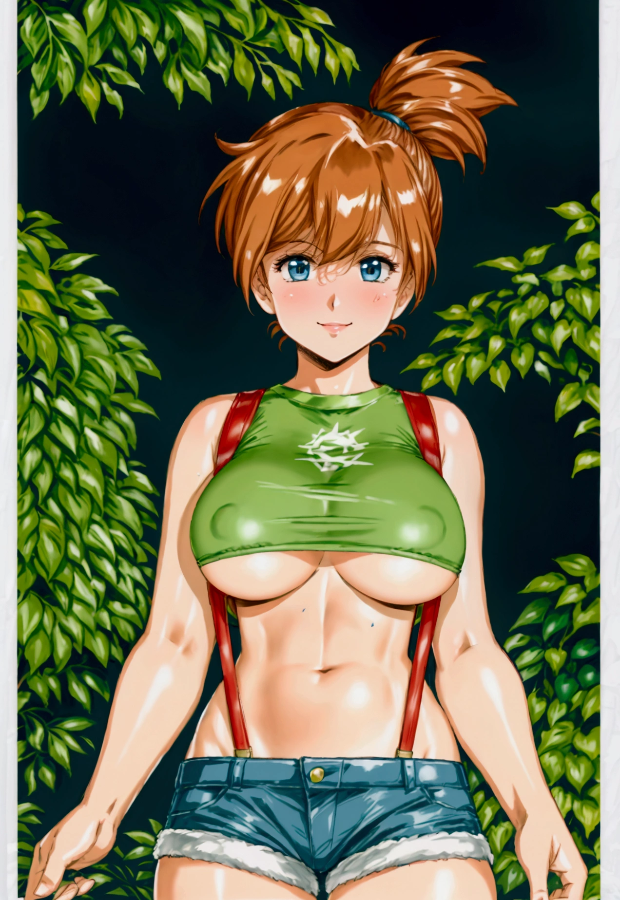 from front,from front,pov,Dutchangle,soro focus.straight-on,(upperbody:1),(finely detail ,best quality, ultra detailed),superfineillustration,anime studio,highly detailed, (detailed background, complex background:1.2), (perfect face, detailed face), full-face blush, (smile, happy),  (milf, mature girl) misty_(pokemon), short hair,side ponytail, looking at viewer, smile, blush, navel, shorts, blue eyes, (suspenders), shirt, crop top,beautiful abs,(beautiful under_boob), midriff, short shorts, medium breasts,(beautiful body),(skiny skin).(). (outdoors, garden, thighs,standing),depth of field,holding pokeball,simplebackground,whitebackground
,misty_(pokemon),