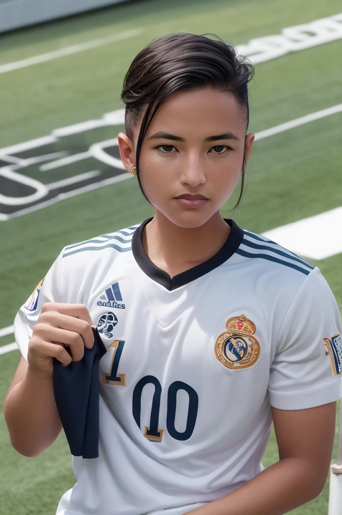 {{masterpiece}}}, hyper quality, {{{very realistic}}}, very delicate eyes, {{{best quality}}}, soccer stadium, {{Football Jerseys}}, {{{Real Madrid}}}, {{{beautiful woman}}}, {{{busty}}} night sky, light, crowd, football