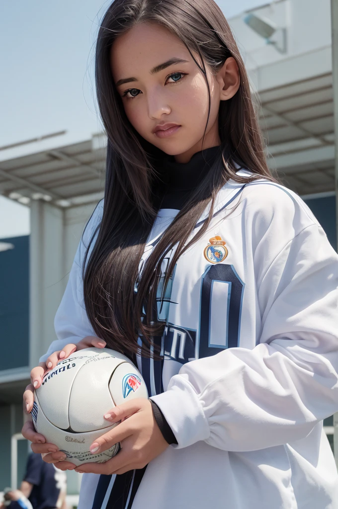 {{masterpiece}}}, hyper quality, {{{very realistic}}}, very delicate eyes, {{{best quality}}}, soccer stadium, {{Football Jerseys}}, {{{Real Madrid}}}, {{{beautiful woman}}}, {{{busty}}} night sky, light, crowd, football