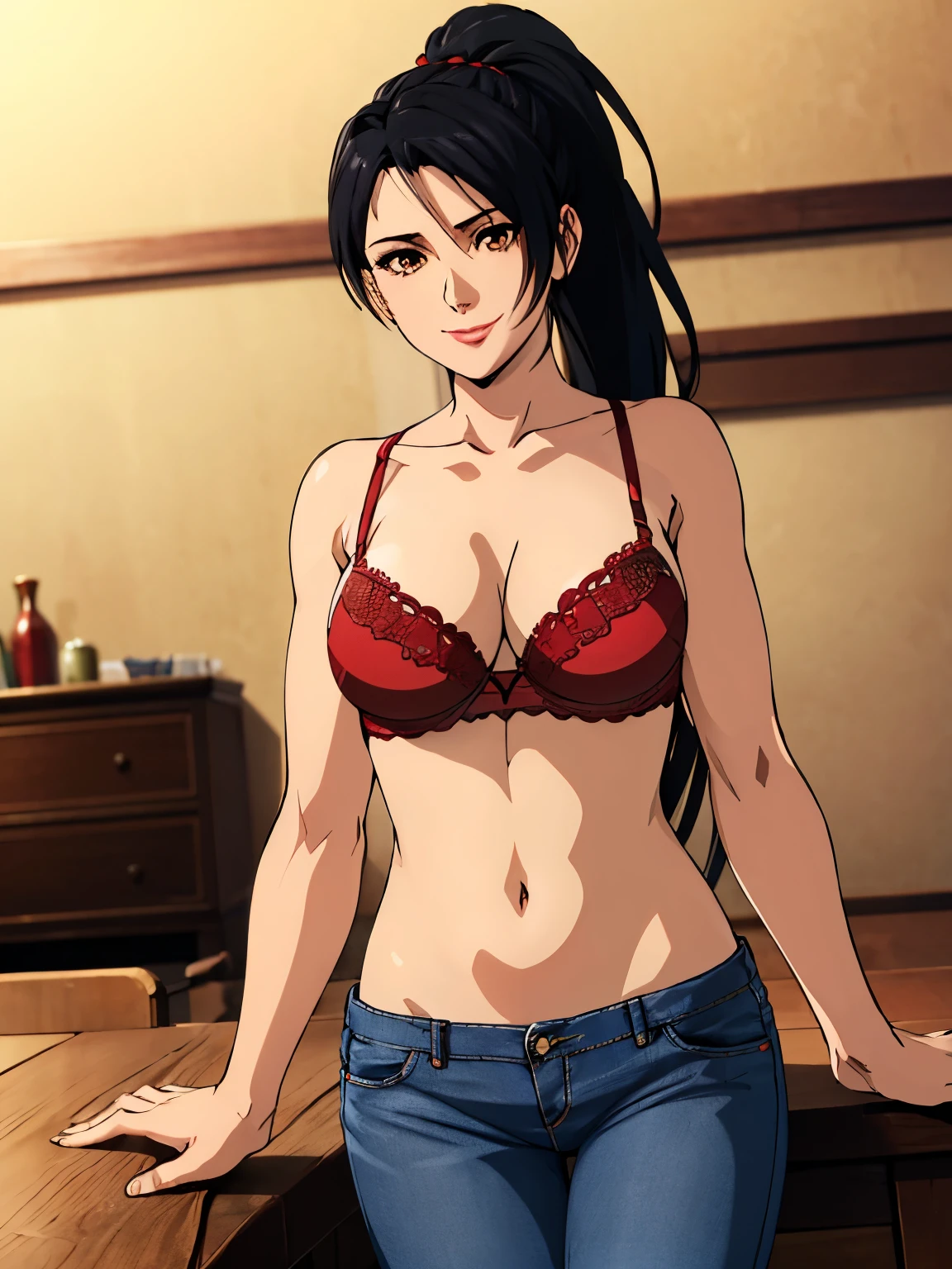 lying:1.6, red strip bra, short jeans, home background, momiji, anime cels style, best quality, high resolution, 1girl, (big breasts:1.0), beautiful face, ponytail, black hair, long hair, long hair, little biceps, brown eyes, cowboy shot, light smile, red lipstick, stretching