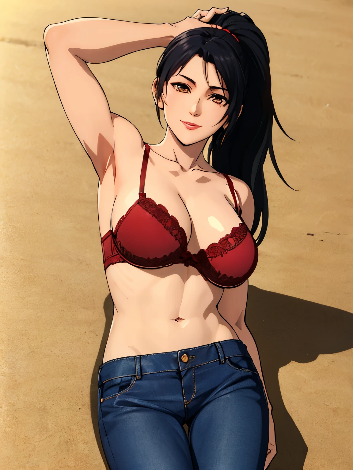 lying:1.6, red strip bra, short jeans, home background, momiji, anime cels style, best quality, high resolution, 1girl, (big breasts:1.0), beautiful face, ponytail, black hair, long hair, long hair, little biceps, brown eyes, cowboy shot, light smile, red lipstick, stretching