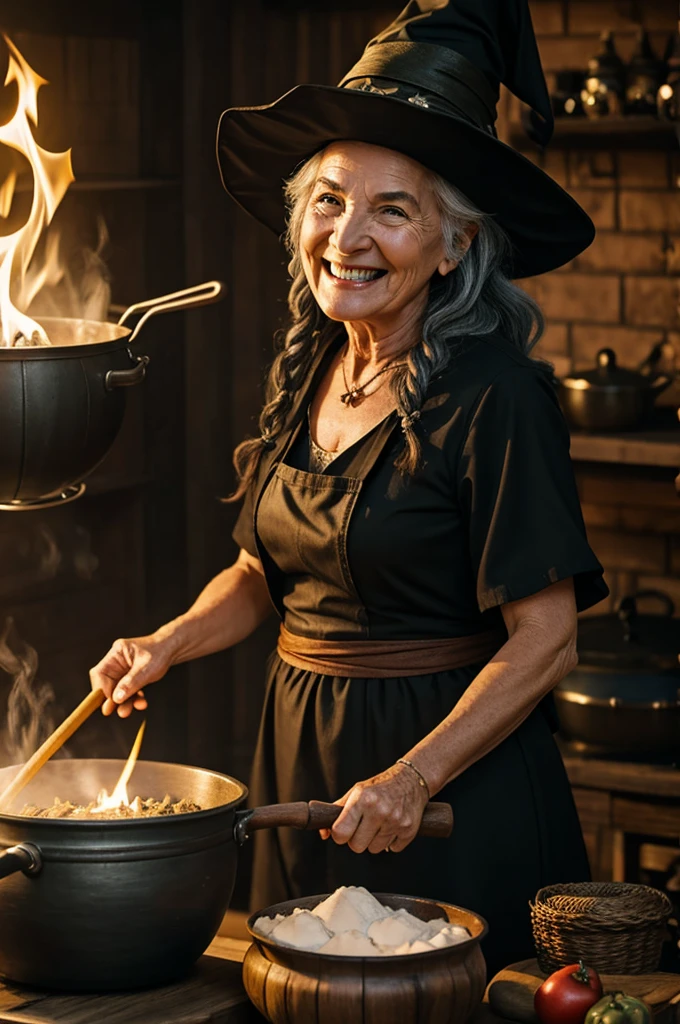 Create an old witch cooking something in her cauldron while smiling coldly 