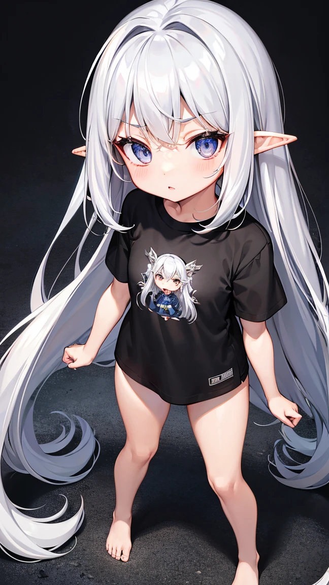 Elf Girl、8-year-old、Medium-long silver hair、Silver Eyes、Big black t-shirt、No bottoms worn、barefoot、Seductive expression、whole body、Standing posture