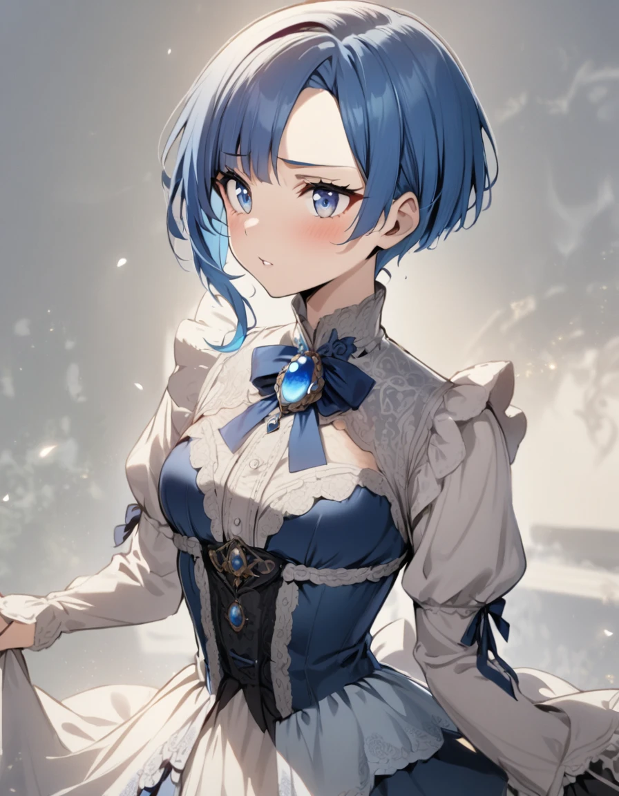 1girl,pixie_cut_hair,steelblue hair,asymmetrical bangs,bangs_pulled_back,right forehead exposed,steelblue eyes,medium breasts,blue moonstone brooch,victorian dress