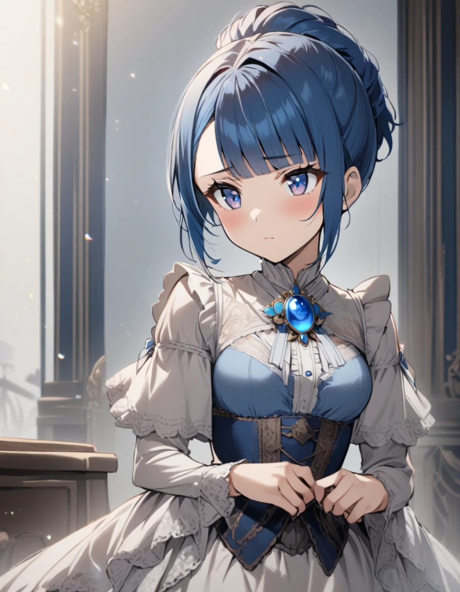 1girl,pixie_cut_hair,steelblue hair,asymmetrical bangs,bangs_pulled_back,right forehead exposed,steelblue eyes,medium breasts,blue moonstone brooch,victorian dress