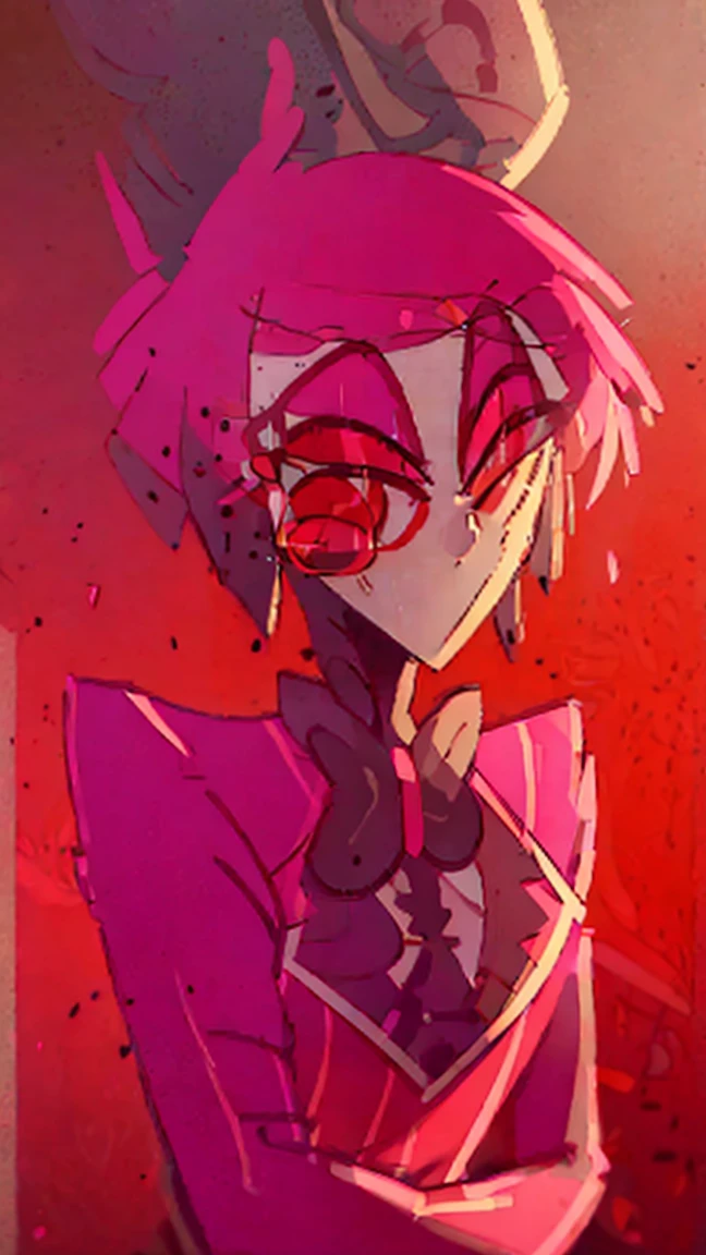 pretty girl, cute face, sparkling eyes, sweet expression, soft smile, looking at viewer, redSuit, White skin, rosy cheek, red ankle-length hair ,eyes with light red sclera, red pupils, red tuxedo-jacket with darker-colored lapels, high-collared white untucked dress-shirt with small black buttons on the upper-front, small black bowtie and black suspenders over her shoulders, dark red dress pants, medium-heeled white saddle shoes, (masterpiece:1.2), (cowboy-shot:1.2), dark romantic lighting, (highly detailed:1.2), (detailed face:1.2), (full-body shot:1.2), (gradients), colorful, detailed eyes, (natural lighting:1.2), (solo:1.2),