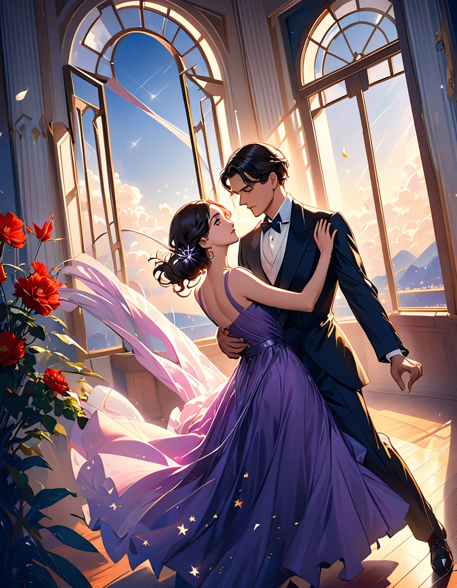 (best qualityer,8K,work of art:1.2),ultra detali,(realisitic,photorealisitic,photo-realisitic:1.37),digitl art, conceptual artwork, cinematic lighting, a man and a woman dancing tango, art deco ballroom, 1920s, Outside the window there is a balcony. a narrow French window with an arched top leads to the balcony.,man facing forward, woman with her back to the viewer, dancing the tango, woman is wearing a long purple dress with slit, little stars are shining in the dark blue sky, poorly lit room, and shadows are cast in the eye sockets, making it impossible to read their expressions, detailed facial features, nice dress, formal suit, natural lighting, Warm Color Palette,