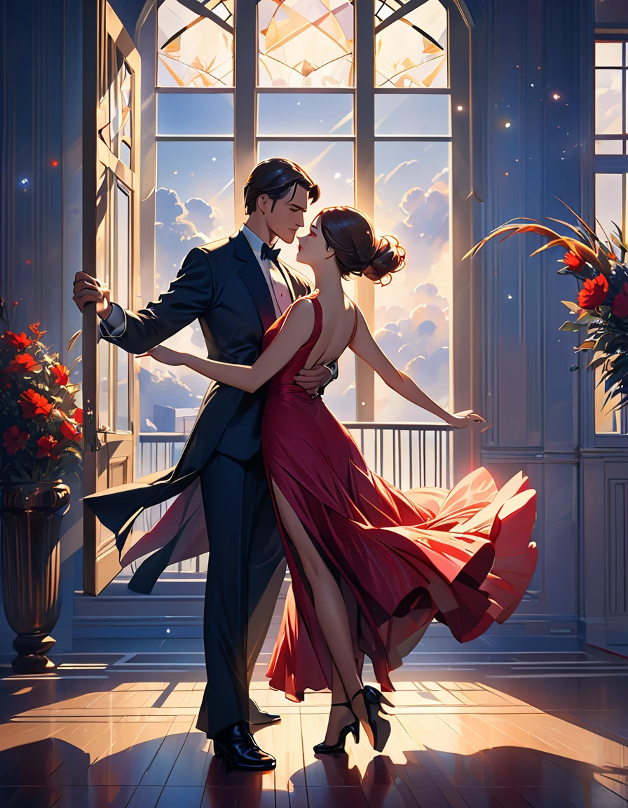 (best qualityer,8K,work of art:1.2),ultra detali,(realisitic,photorealisitic,photo-realisitic:1.37),digitl art, conceptual artwork, cinematic lighting, a man and a woman dancing tango, art deco ballroom, 1920s, Outside the window there is a balcony. a narrow French window with an arched top leads to the balcony.,man facing forward, woman with her back to the viewer, dancing the tango, woman is wearing a long purple dress with slit, little stars are shining in the dark blue sky, poorly lit room, and shadows are cast in the eye sockets, making it impossible to read their expressions, detailed facial features, nice dress, formal suit, natural lighting, Warm Color Palette,