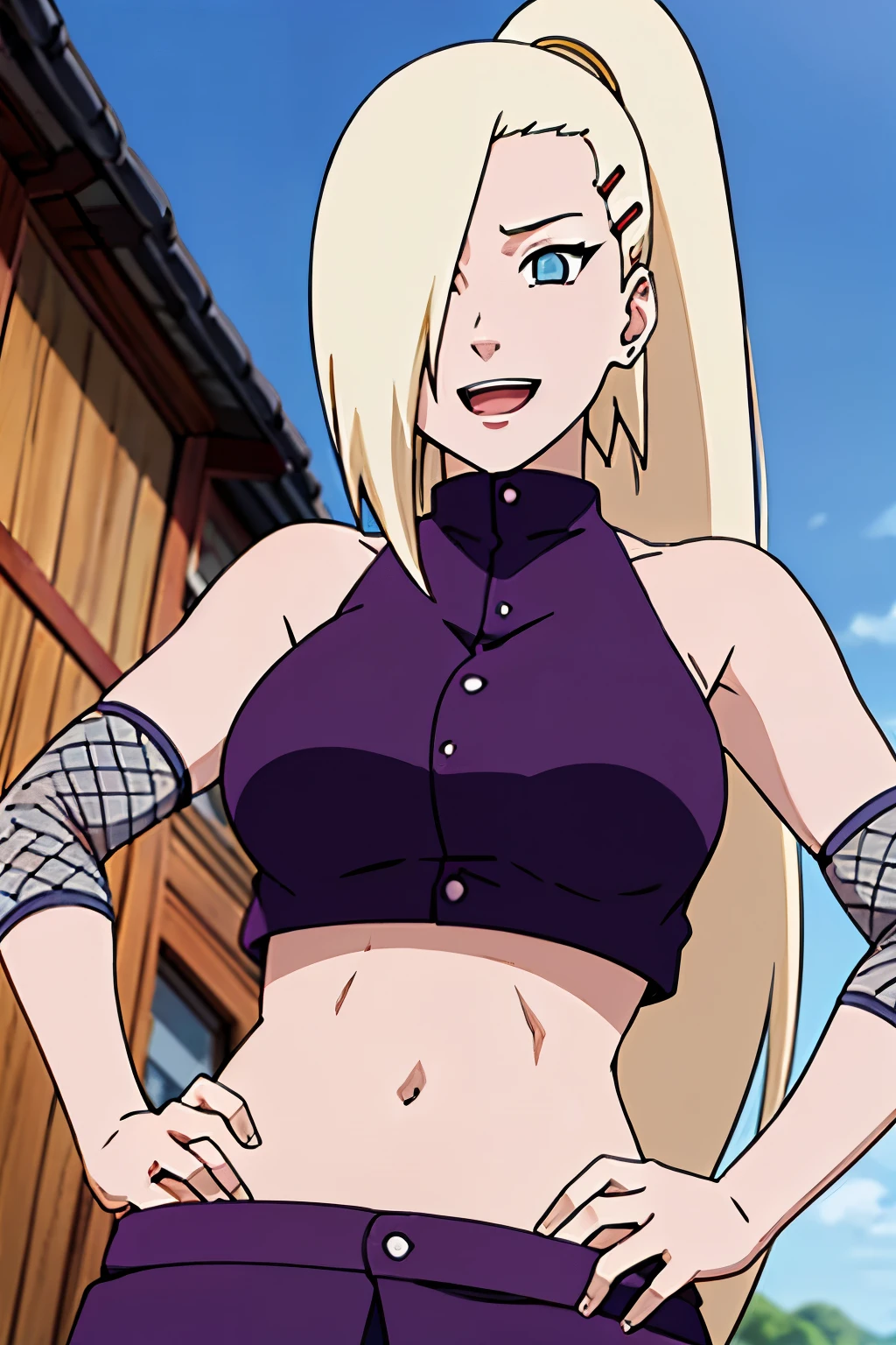 (hands on hips), Ino yamanaka, looking at the viewer, from below, ultra detailed face, sunny day, day time, upper body view, anime style, solo, detailed home, blonde, (purple clothes), ((one eye covered with hair, hair over eye)), medium breasts, belly button, looking at the viewer, thick arms, (off-shoulders, wide shoulders, curving body), hidden eye, smile, open mouth, very happy, tall, hair clip, sharp look, sharp face, sharp eye, cold colors,
