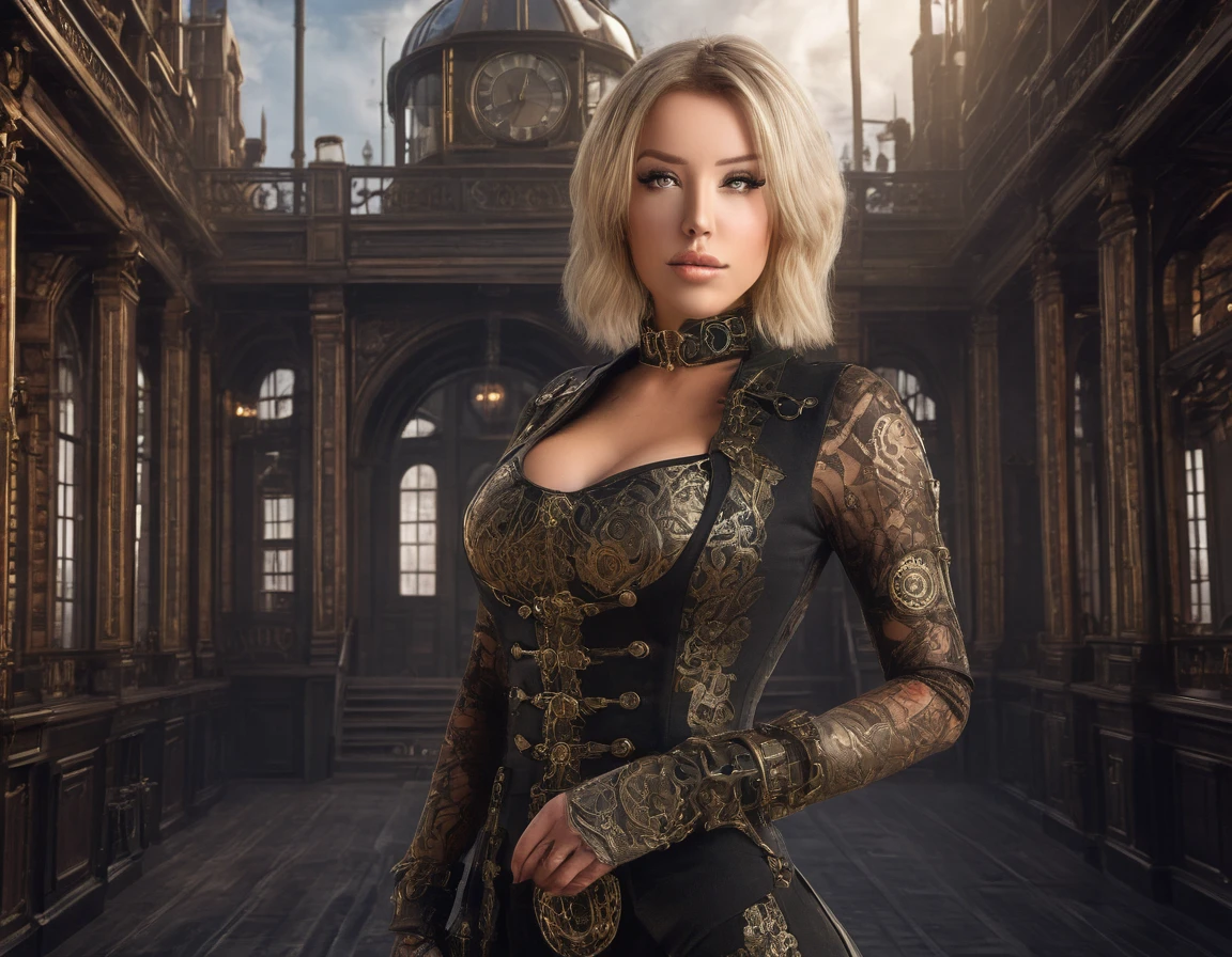 Masterpiece Best Quality, laurence bedard, ultra high resolution, 4K detaillierte CG (Adriana Malkova 1.0) strahlende Augen, laurence bedard, Steampunk, with black splitoff Meshdress wearing Boots,