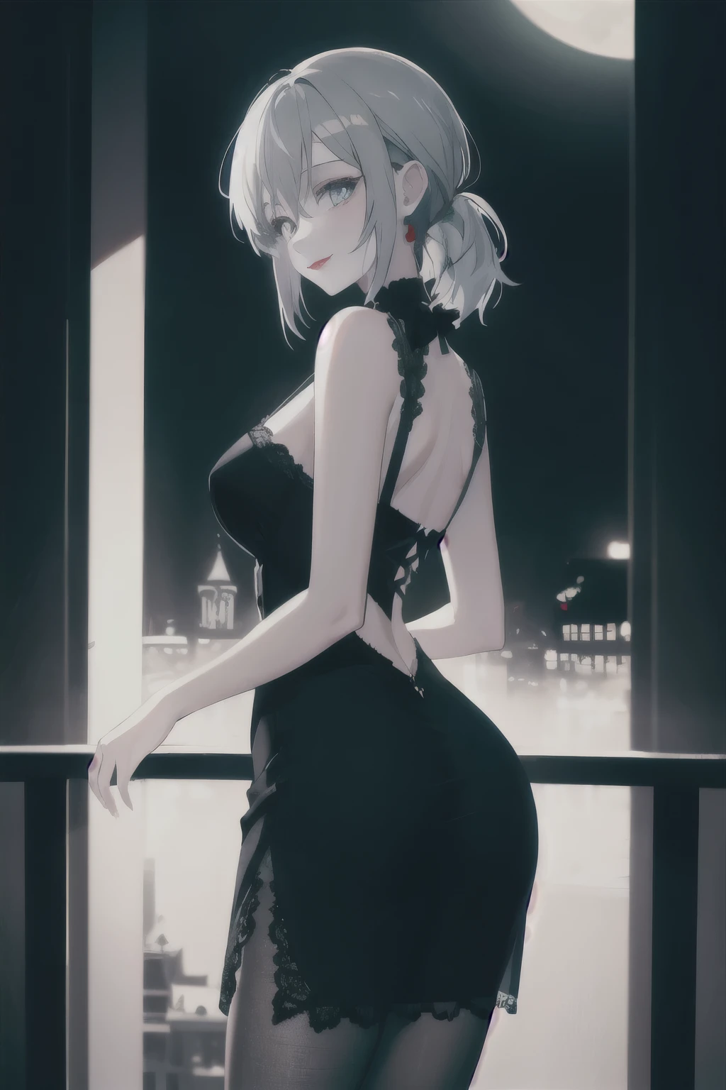 (dark atmospher,Gothic fashion,bright colorsbest quality,Super exquisite,((best qualityer)), ((work of art)), (detailded), (8K)),sexy goth girl,In the city at night,Beautiful and delicate blue eyes,Straight black ponytail with white tips,crow feathers,sexy red lipstick,mysterious smile,very pale,Fishnet stockings,Black lace dress,Aura booty pointed toe,The moonlight illuminates your elegant silhouette,Soft shadows and soft highlights,Contrasting colors create a vibrant atmosphere,dark, moody color palette,Subtle lighting effects, but dramatic,Sublime darkness intertwined with exquisite moonlight, She is tall and mature