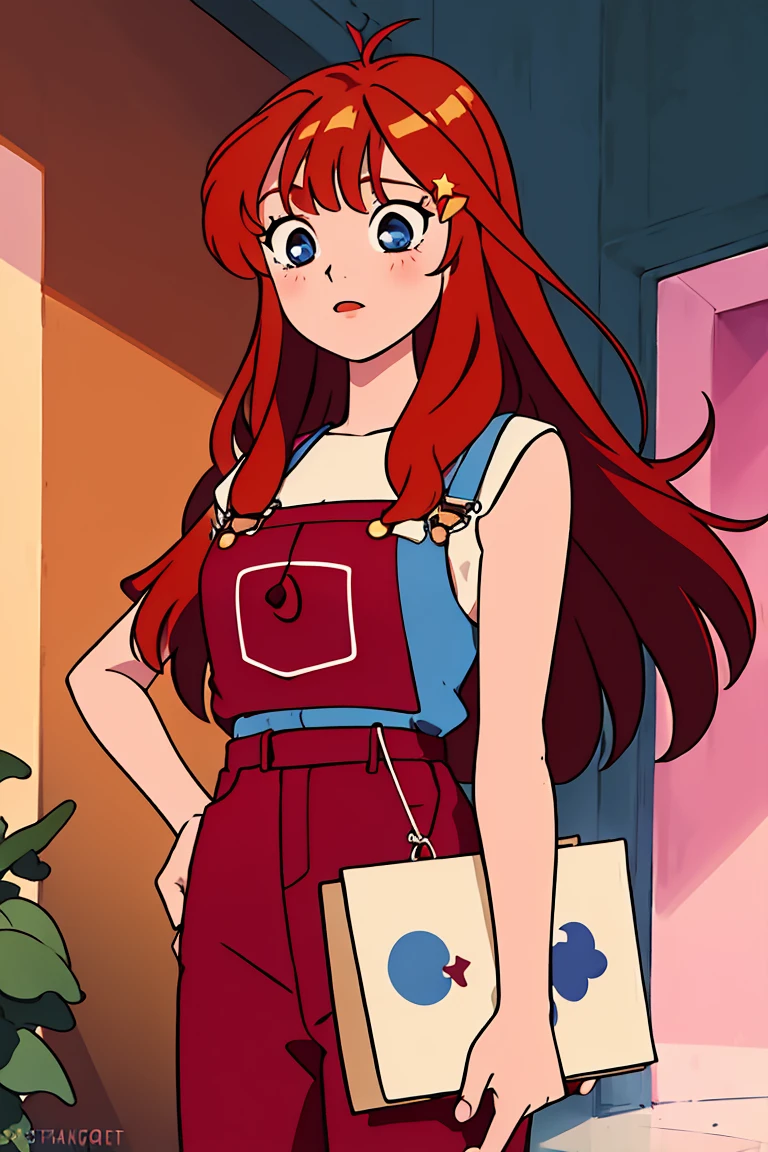 best quality, ultra high res, (photorealistic:1.4), blush, red lips, filme fotografia de stock ,4 Kodak Portra 400 ,camera f1.6 lentes ,cores ricas ,hyper realistic ,textura realista, dramatic lighting , cinestill 800, full bust shot, beautiful girl in red short overalls, overalls skirt, glowing flowing ballgown, long wavy hair, watercolor illustration, flowers, glowing aura around her, by Glen Keane, Itsuki Nakano, long fluffy red hair, blue eyes, nakano_itsuki, glowing lights! digital painting, flowing glowing hair, glowing flowing hair, star hairclips, 5-pointed star hairclips, beautiful digital illustration, fantasia otherworldly landscape plants flowers, beautiful, masterpiece, best quality, anime disney style