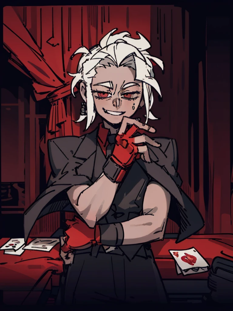 1 boy, black fur, sitting at a poker table, 20s clothing, 20s clothes, cards in hand, confident look, by the laugh, in a red background casino, gray room, best quality, super detailed, 4k, hyperrealistic, photorealistic, dramatic lighting, cinematic composition, intricate details, high contrast, vibrant colors, chiaroscuro, portrait, realistic, masterpiece