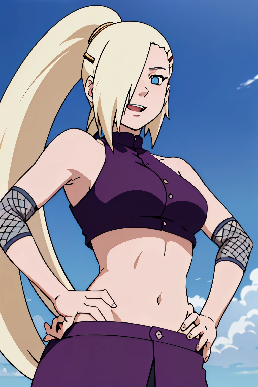 (hands on hips), Ino yamanaka, looking at the viewer, from below, ultra detailed face, sunny day, day time, upper body view, anime style, solo, detailed home, blonde, (purple clothes), ((one eye covered with hair, hair over eye)), medium breasts, belly button, looking at the viewer, thick arms, (off-shoulders, wide shoulders, curving body), hidden eye, smile, open mouth, very happy, tall, hair clip, sharp look, sharp face, sharp eye, cold colors,
