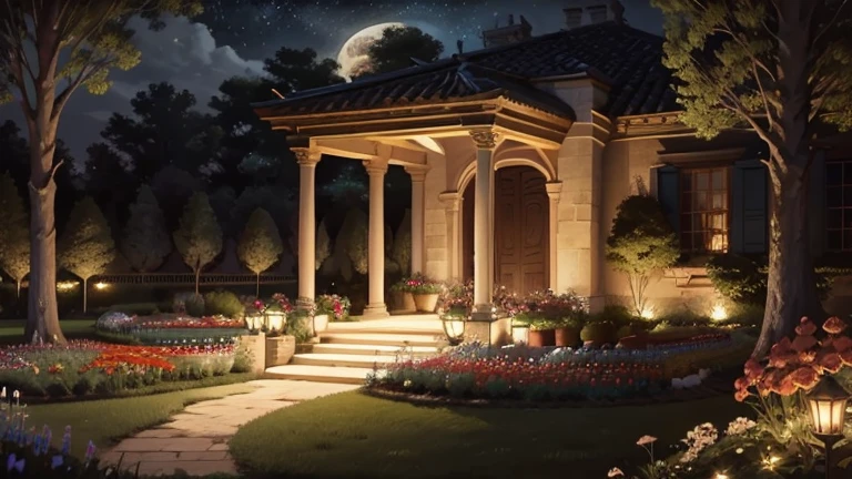 big garden, backyard, night, flowers, Renaissance era