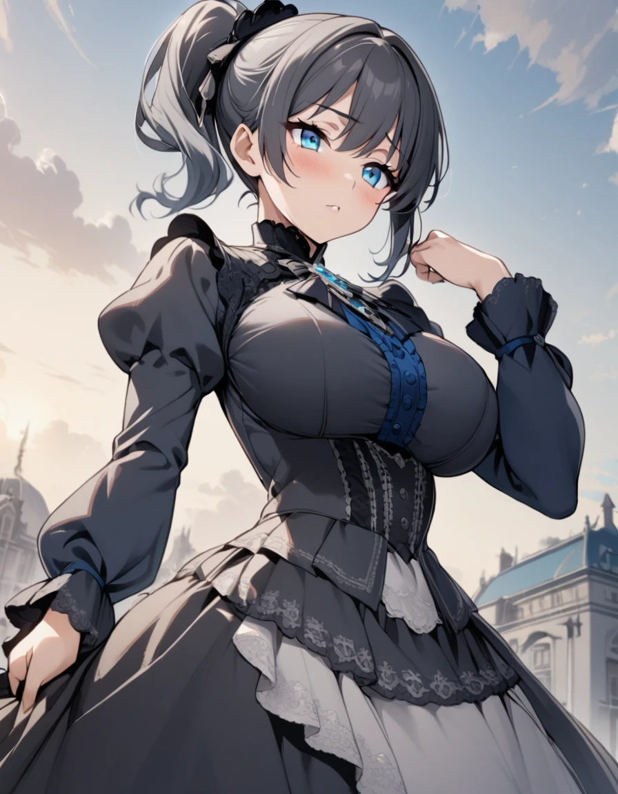 1girl,(gray black hair),spread short ponytail,blue eyes,large breasts,blue topaz brooch,silver thread victorian dress