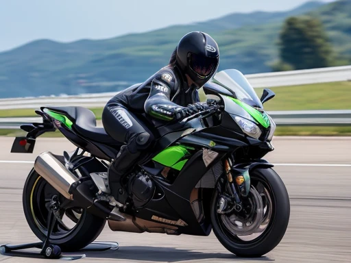  Japanese woman,black hair,27 years old, (slender), (small breasts),best quality, detailed, beautiful, insanely detailed, absurdres,perfect anatomy, Two kawasaki racer replica motorcycles speeding down the highway, (motion blur:1.4),