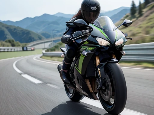  Japanese woman,black hair,27 years old, (slender), (small breasts),best quality, detailed, beautiful, insanely detailed, absurdres,perfect anatomy, Two kawasaki racer replica motorcycles speeding down the highway, (motion blur:1.4),