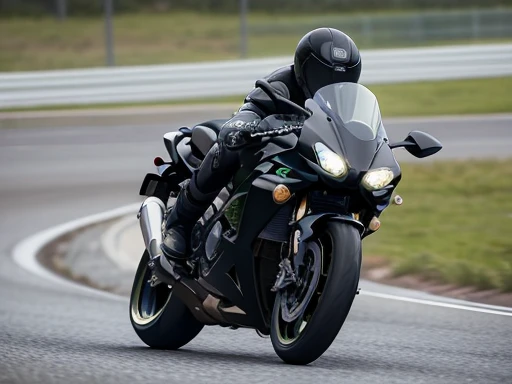  Japanese woman,black hair,27 years old, (slender), (small breasts),best quality, detailed, beautiful, insanely detailed, absurdres,perfect anatomy, Two kawasaki racer replica motorcycles speeding down the highway, (motion blur:1.4),