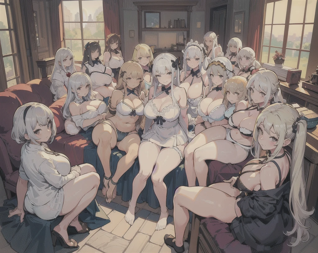 (masterpiece), Highest quality, (10 Girls, Group photo:1.4), Beautiful body, (Huge breasts),(Huge breasts)),(Saggy breasts))))), (White skin)), Blonde, Silver Hair, Twin tails, Braid, Eyes above hair, (Hunchback)), ((Grinning face))), ((Sexy Underwear)), ( Bedroom), Valley view