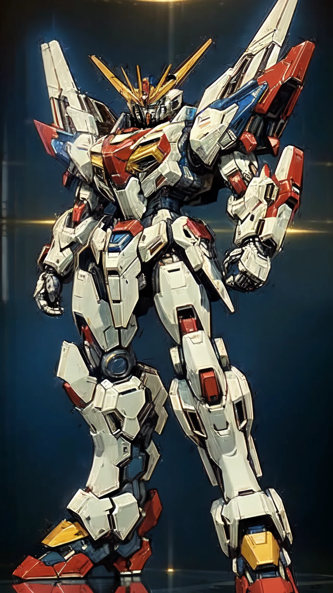 (masterpiece:1.5, best quality:1.5, extremely delicate:1.5, foreshortening:1.5, dynamic angle:1.5), humanoid Mecha, fully enclosed shoulder guards, matching arm and leg guards, full body, full armor, the design balances heavy with agility, (the color scheme is primarily white with red and blue accents, the concept Inspired by Super robot, organic biotech armor, standing, floating high above the futuristic sci-fi city), exquisite and mature art style, (aura effect, energy, glowing eyes, the armor glows), ((SRS)), metallic, dramatic, high definition, highres, ultra-detailed, ultra-fine painting, professional, perfect body proportions, anatomically correct, symmetrical face, extremely detailed eyes and face, high quality eyes, creativity, RAW photo, UHD, 32k, Natural light, cinematic lighting, masterpiece-anatomy-perfect