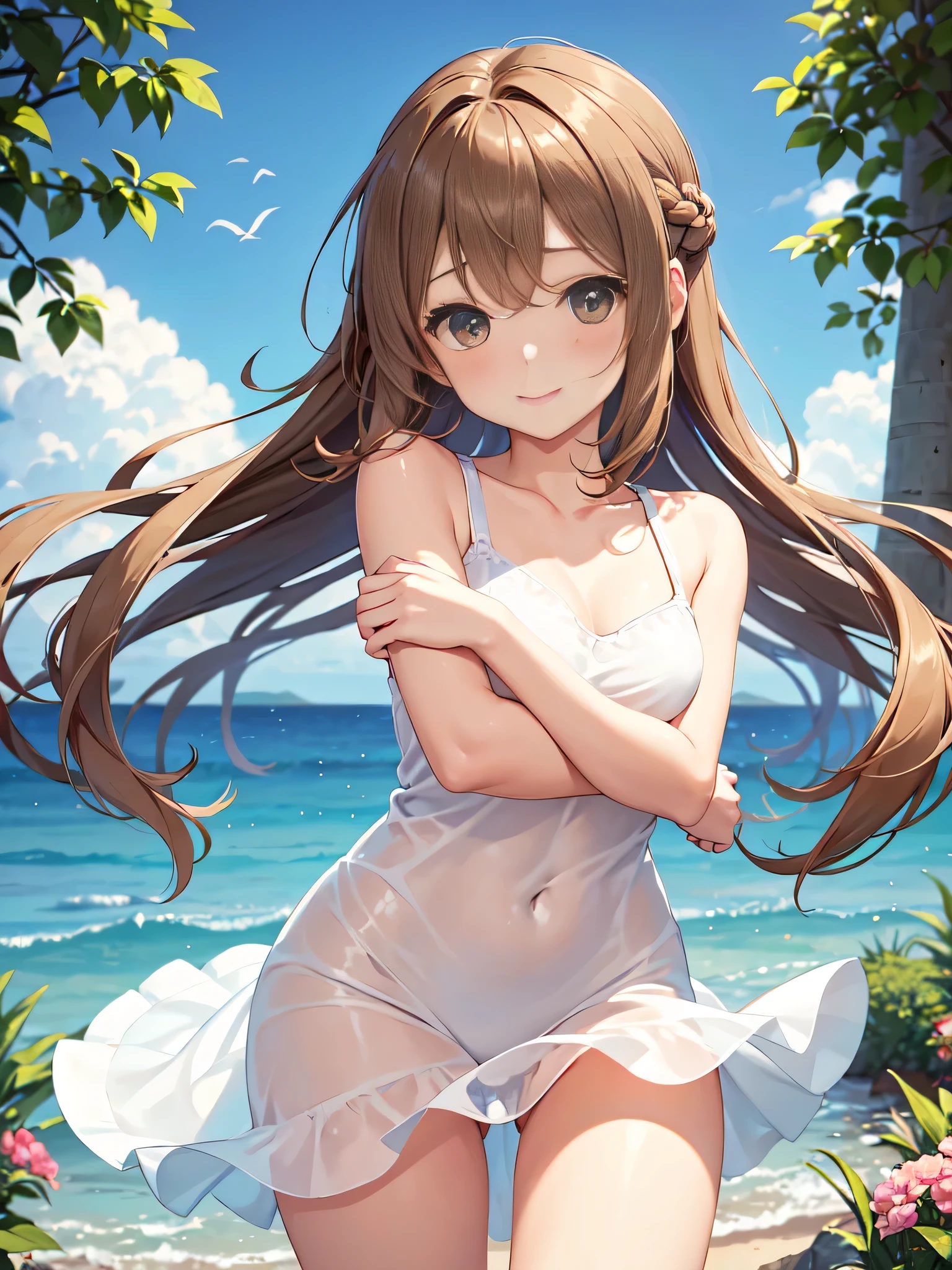 a girl named Orsolya, whose name means "and do it", It is a figure of sweetness and tenderness. With light brown hair that falls in soft waves and bright green eyes full of curiosity and affection., His face radiates a comforting warmth.. Her fair skin and soft tone highlight her natural charm.. Prefers to dress in comfortable but flirty clothes, soft colors and details that reflect your friendly personality. With a contagious smile and tender gestures, Orsolya is someone who is always ready to offer a comforting hug and a listening ear.