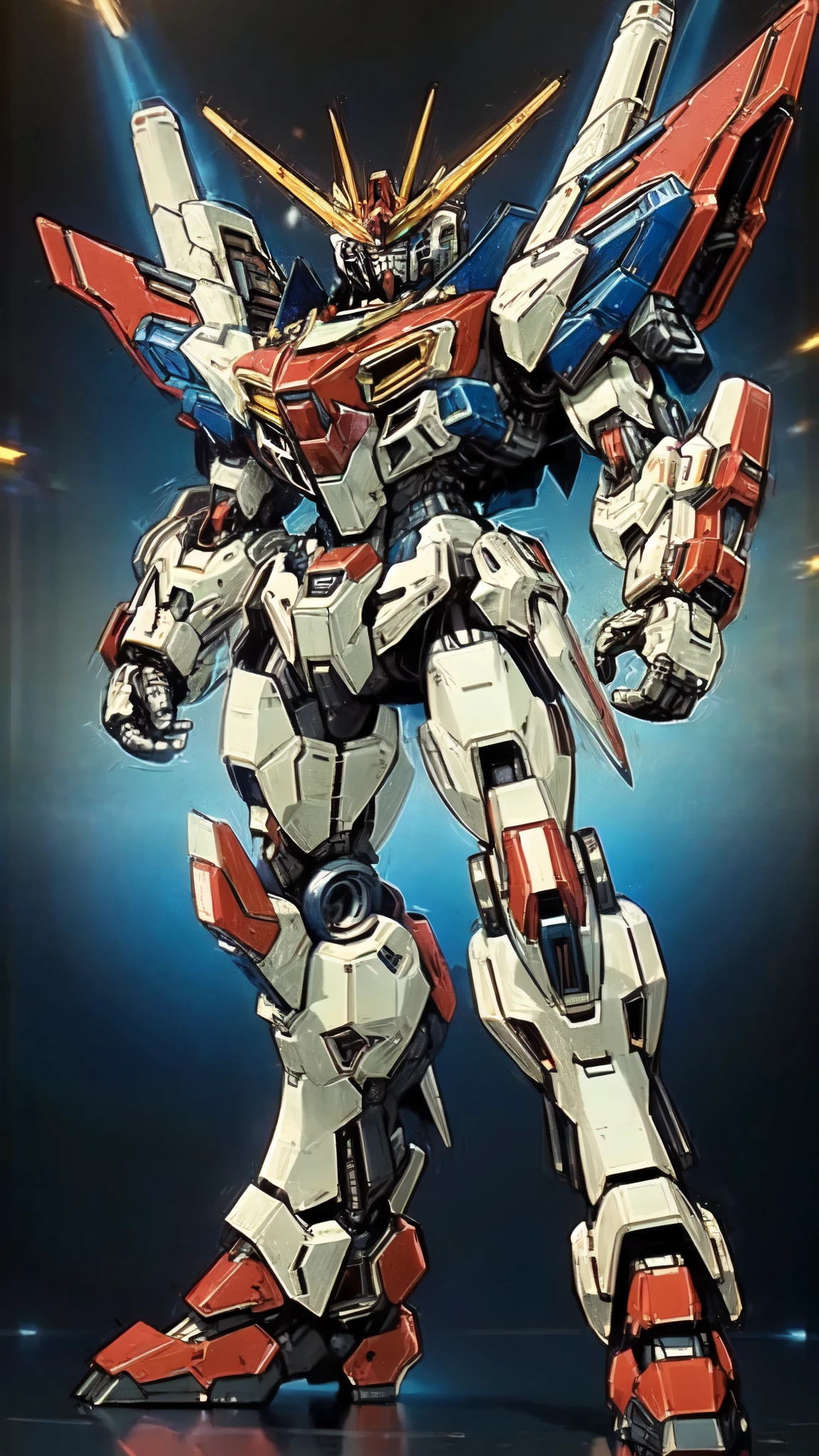 (masterpiece:1.5, best quality:1.5, extremely delicate:1.5, foreshortening:1.5, dynamic angle:1.5), humanoid Mecha, fully enclosed shoulder guards, matching arm and leg guards, full body, full armor, the design balances heavy with agility, (the color scheme is primarily white with red and blue accents, the concept Inspired by Super robot, organic biotech armor, standing, floating high above the futuristic sci-fi city), exquisite and mature art style, (aura effect, energy, glowing eyes, the armor glows), ((SRS)), metallic, dramatic, high definition, highres, ultra-detailed, ultra-fine painting, professional, perfect body proportions, anatomically correct, symmetrical face, extremely detailed eyes and face, high quality eyes, creativity, RAW photo, UHD, 32k, Natural light, cinematic lighting, masterpiece-anatomy-perfect