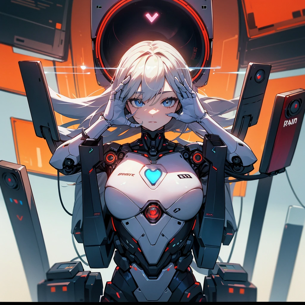 robot with a tv instahead of head, hands on screen, futuristic enviroment, album cover, heart on tv screen, humanoid