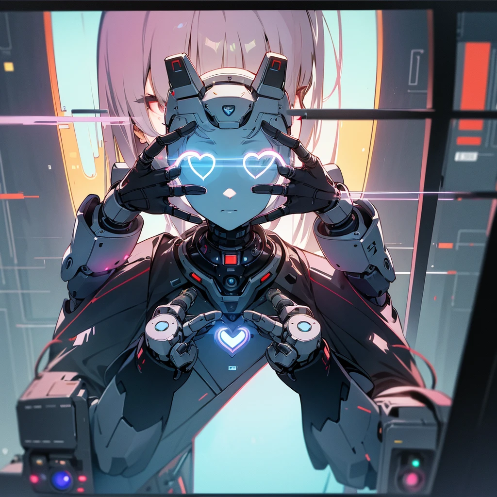 robot with a tv instahead of head, hands on screen, futuristic enviroment, album cover, heart on tv screen, humanoid