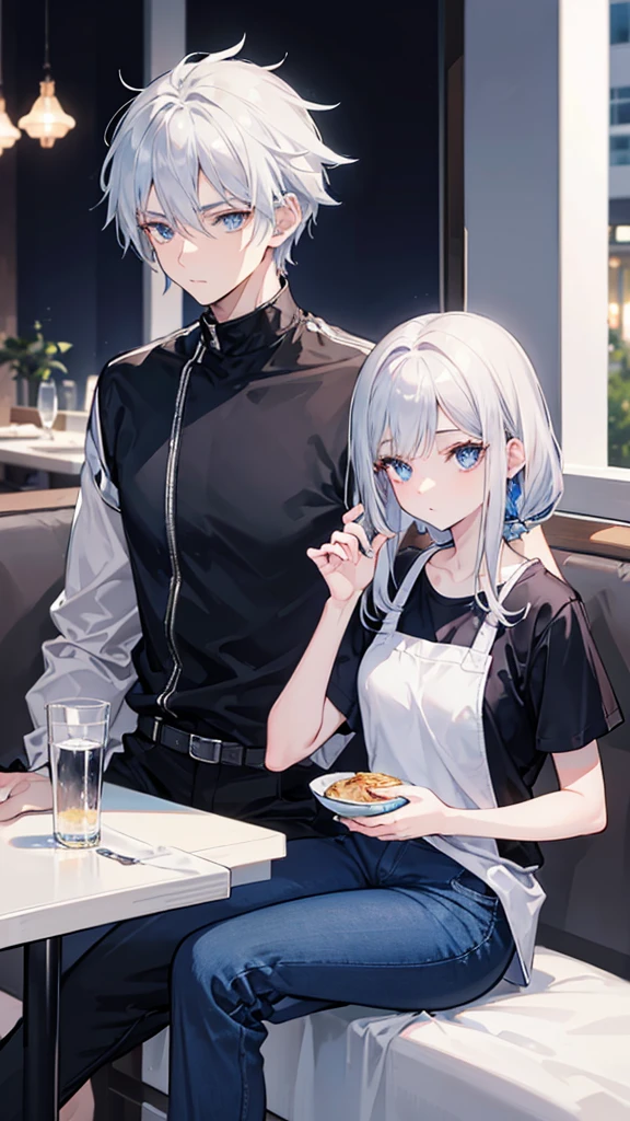 Generate a female character with silver hair who has light blue eyes and who has an elegant but at the same time simple style in her clothes and a boy with black hair who has light brown eyes and who wears sports clothing, black shirts and navy blue pants and who are sitting in a restaurant